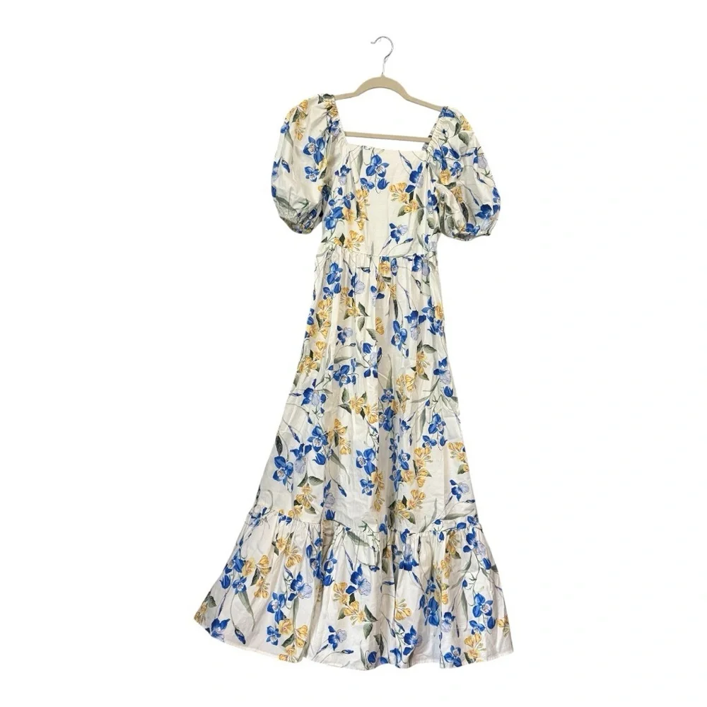 Floral Puff-Sleeve Maxi Dress - White with Blue & Yellow Blooms - Picture 1 of 9